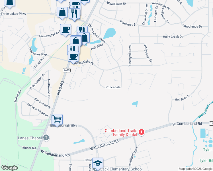 map of restaurants, bars, coffee shops, grocery stores, and more near 7519 Princedale in Tyler
