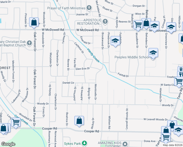 map of restaurants, bars, coffee shops, grocery stores, and more near 503 Monticello Drive in Jackson