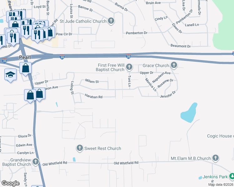 map of restaurants, bars, coffee shops, grocery stores, and more near 510 Terri Lane in Pearl