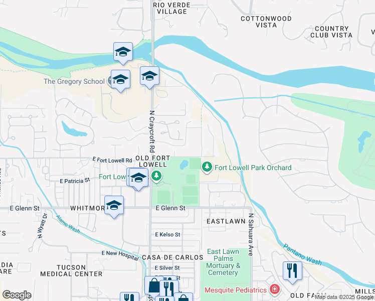 map of restaurants, bars, coffee shops, grocery stores, and more near 5651 East Fort Lowell Road in Tucson