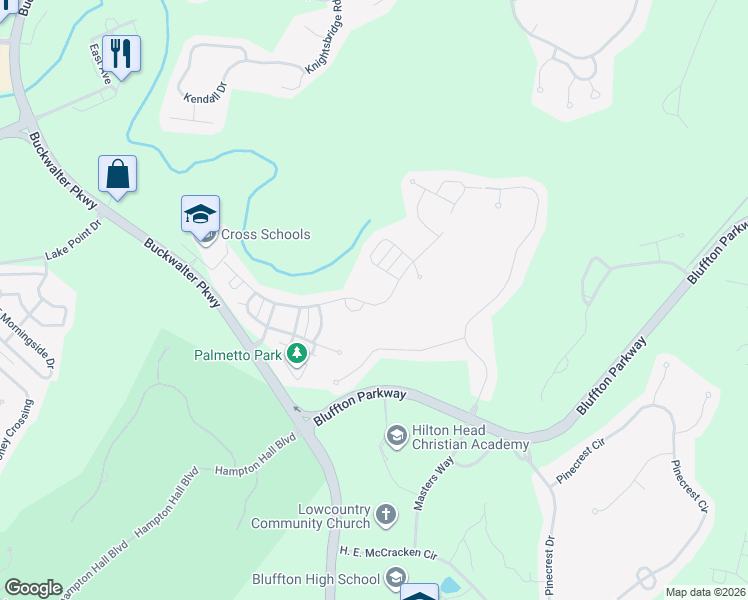 map of restaurants, bars, coffee shops, grocery stores, and more near 67 Shell Hall Way in Bluffton