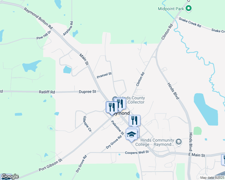 map of restaurants, bars, coffee shops, grocery stores, and more near 233 North Oak Street in Raymond