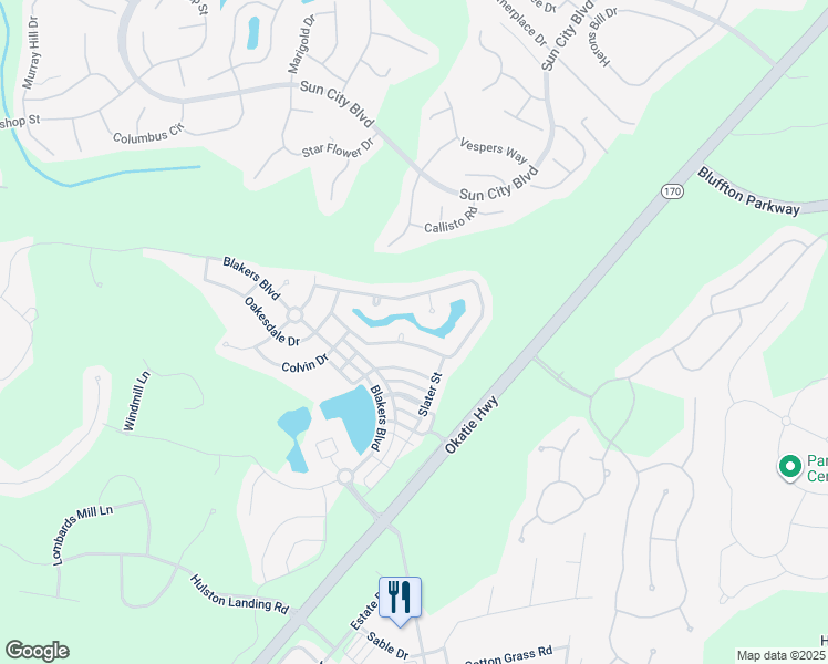 map of restaurants, bars, coffee shops, grocery stores, and more near 4 Prater Creek Circle in Bluffton