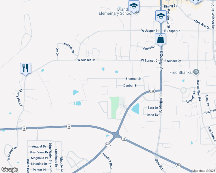 map of restaurants, bars, coffee shops, grocery stores, and more near 101 Fox Meadow Drive in Brandon