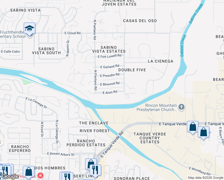 map of restaurants, bars, coffee shops, grocery stores, and more near 7951 East Alvin Road in Tucson