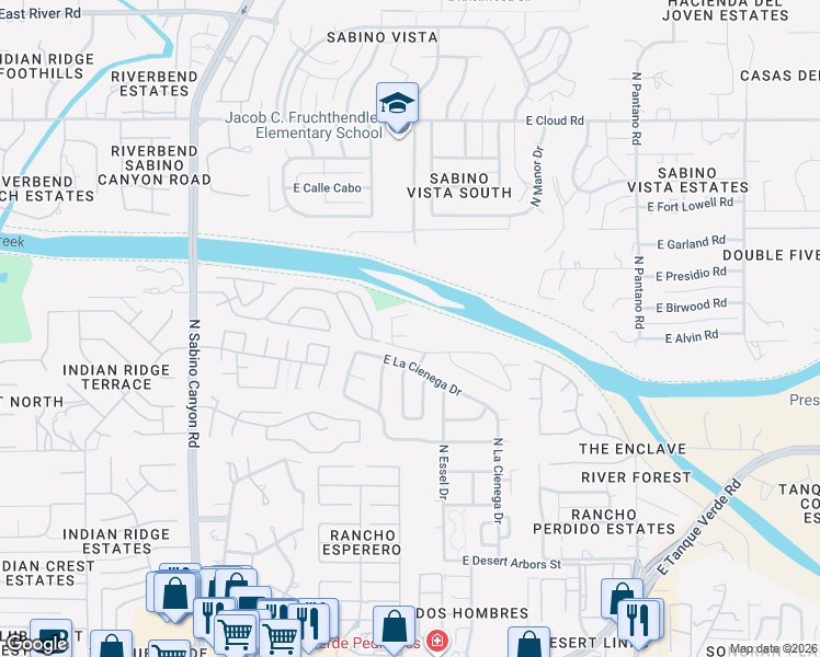 map of restaurants, bars, coffee shops, grocery stores, and more near 7525 East Park View Drive in Tucson