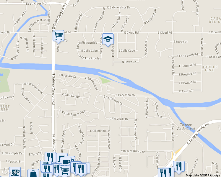 map of restaurants, bars, coffee shops, grocery stores, and more near 3017 North Río Verde Drive in Tucson
