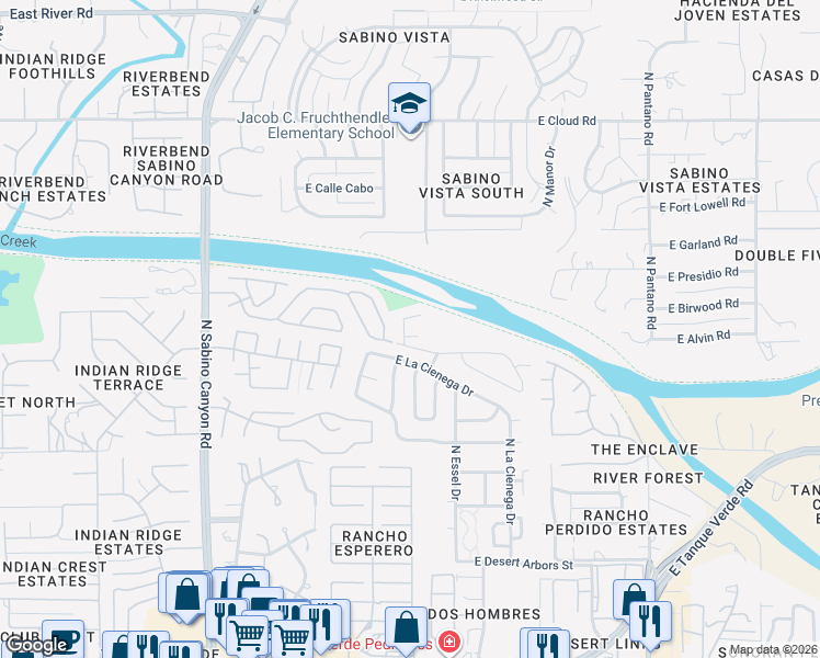 map of restaurants, bars, coffee shops, grocery stores, and more near 3017 North Río Verde Drive in Tucson