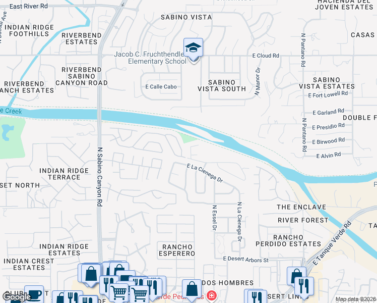 map of restaurants, bars, coffee shops, grocery stores, and more near 3017 North Río Verde Drive in Tucson