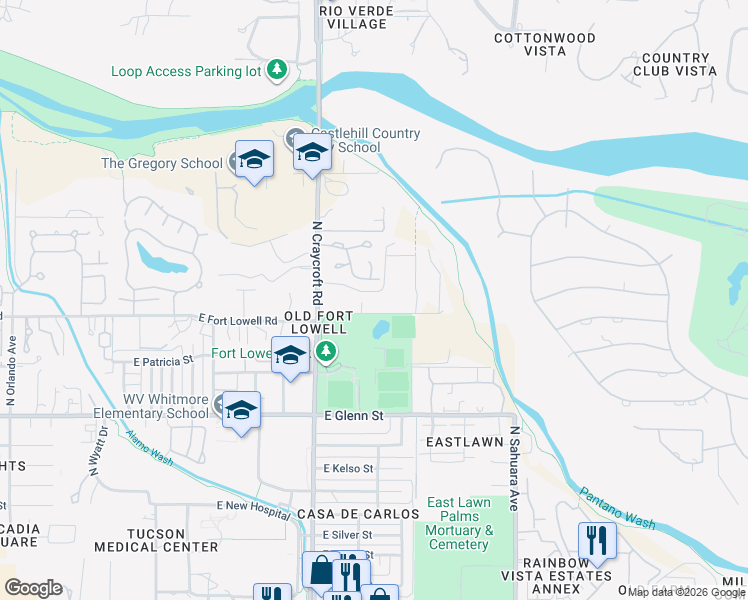 map of restaurants, bars, coffee shops, grocery stores, and more near 5631 East Fort Lowell Road in Tucson