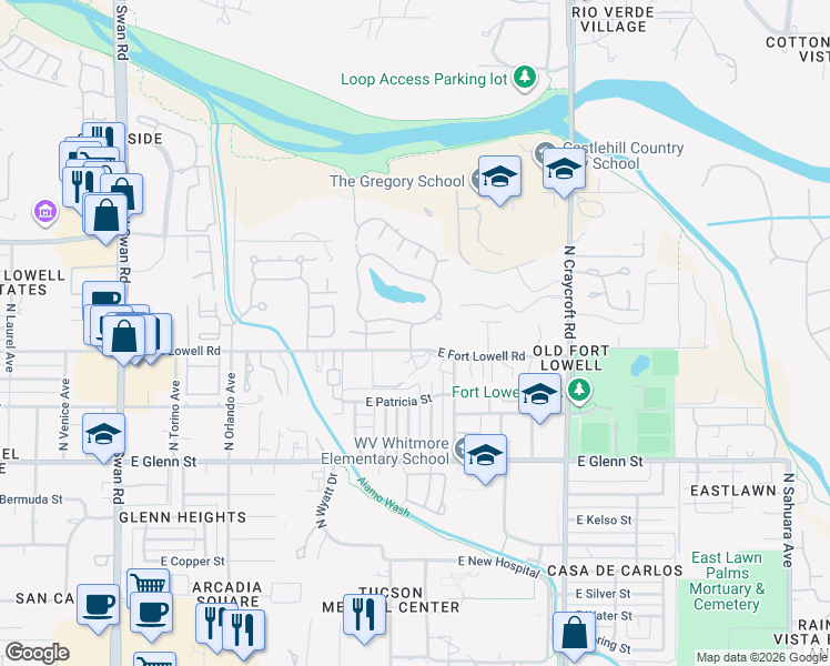 map of restaurants, bars, coffee shops, grocery stores, and more near 3021 North Willow Creek Drive in Tucson