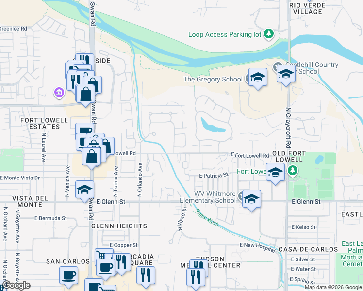 map of restaurants, bars, coffee shops, grocery stores, and more near Palomino Parl Loop in Tucson