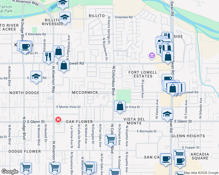 map of restaurants, bars, coffee shops, grocery stores, and more near 4279 East Columbus Park Place in Tucson