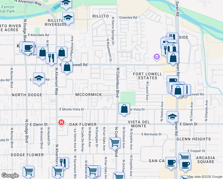 map of restaurants, bars, coffee shops, grocery stores, and more near 4215 East Megan Drive in Tucson