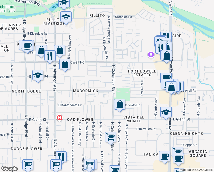 map of restaurants, bars, coffee shops, grocery stores, and more near 4215 East Megan Drive in Tucson