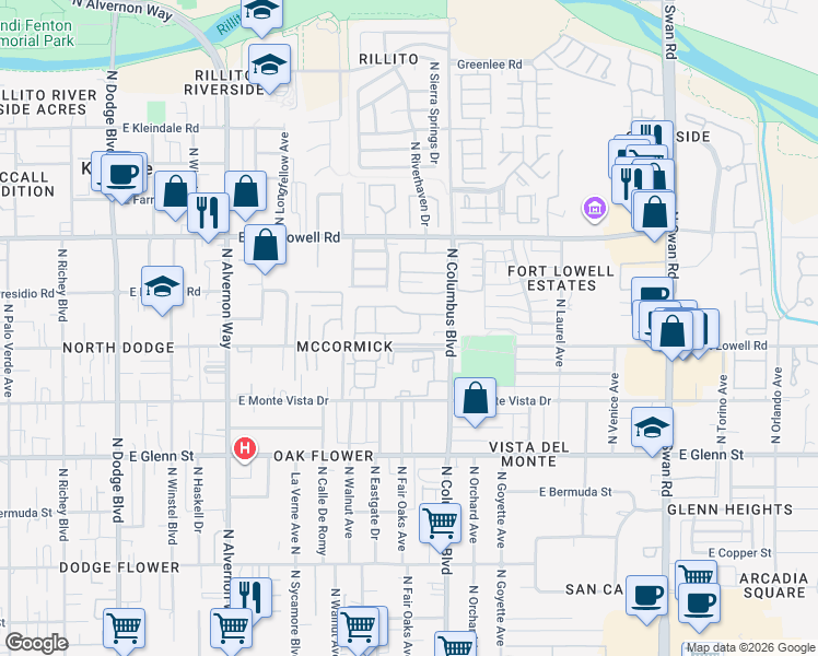 map of restaurants, bars, coffee shops, grocery stores, and more near 4215 East Megan Drive in Tucson