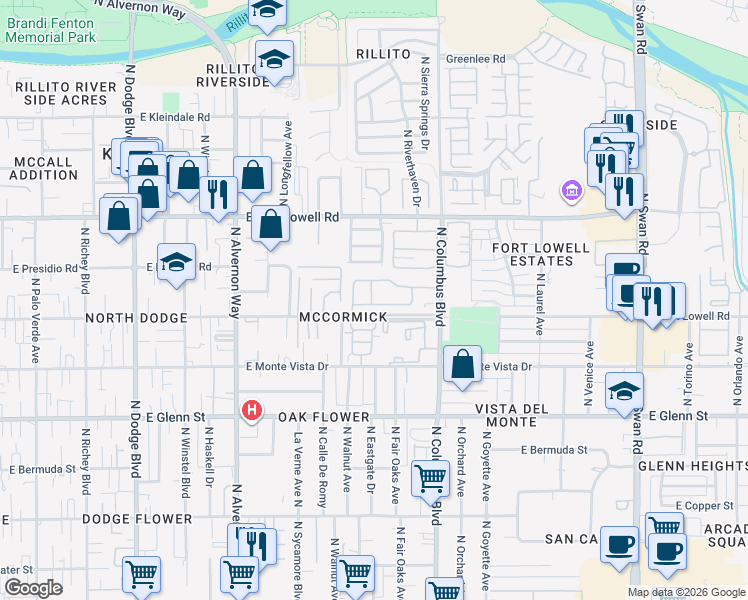 map of restaurants, bars, coffee shops, grocery stores, and more near 4147 East Megan Drive in Tucson