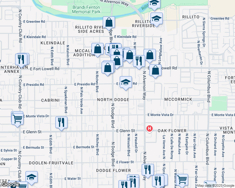map of restaurants, bars, coffee shops, grocery stores, and more near 3729 East Blacklidge Drive in Tucson