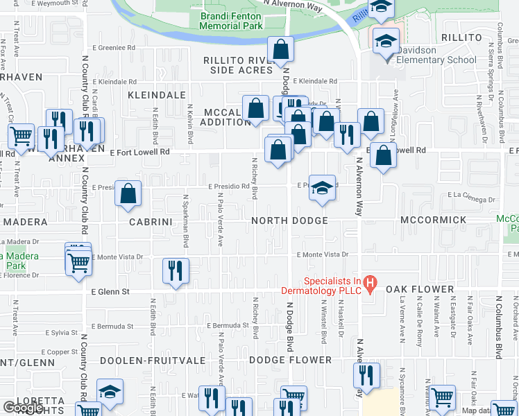 map of restaurants, bars, coffee shops, grocery stores, and more near 3014 North Richey Boulevard in Tucson