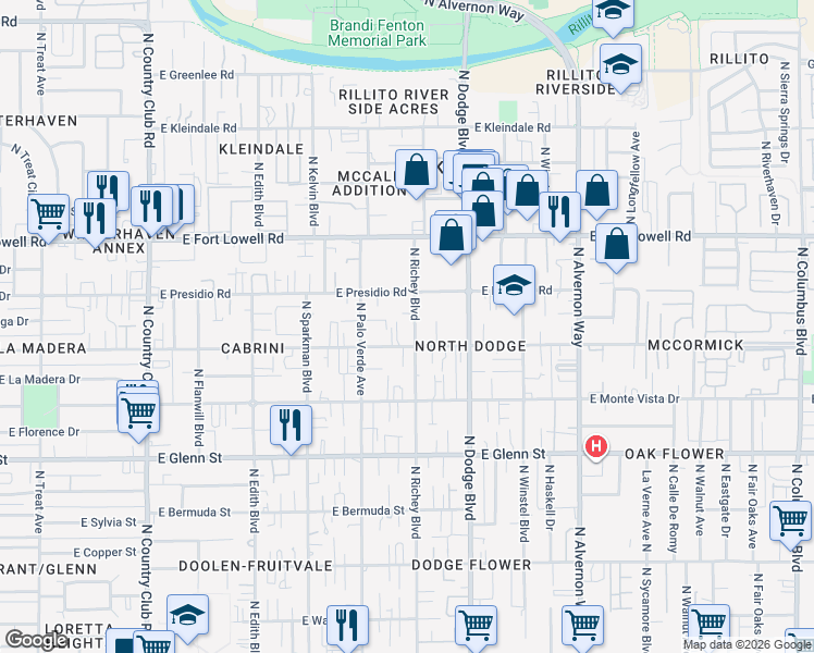 map of restaurants, bars, coffee shops, grocery stores, and more near 3014 North Richey Boulevard in Tucson