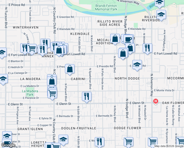 map of restaurants, bars, coffee shops, grocery stores, and more near 3015 North Sparkman Boulevard in Tucson