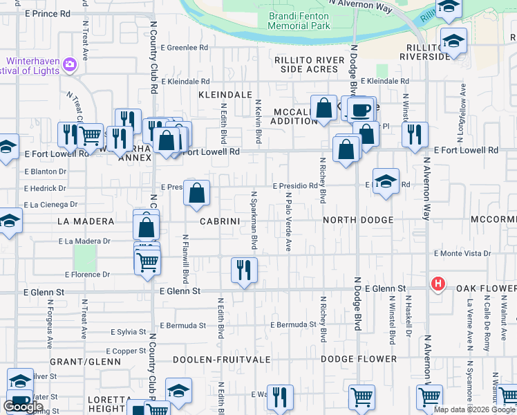 map of restaurants, bars, coffee shops, grocery stores, and more near 3015 North Sparkman Boulevard in Tucson