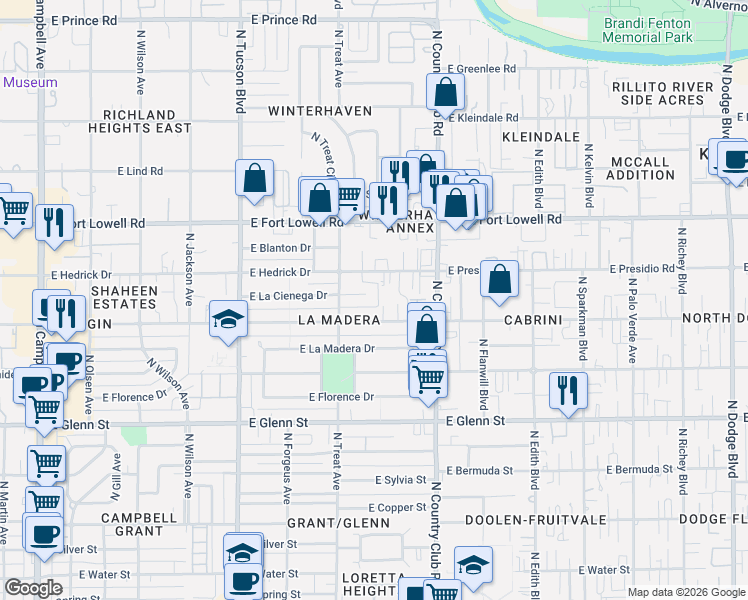 map of restaurants, bars, coffee shops, grocery stores, and more near 2838 East La Cienega Place in Tucson
