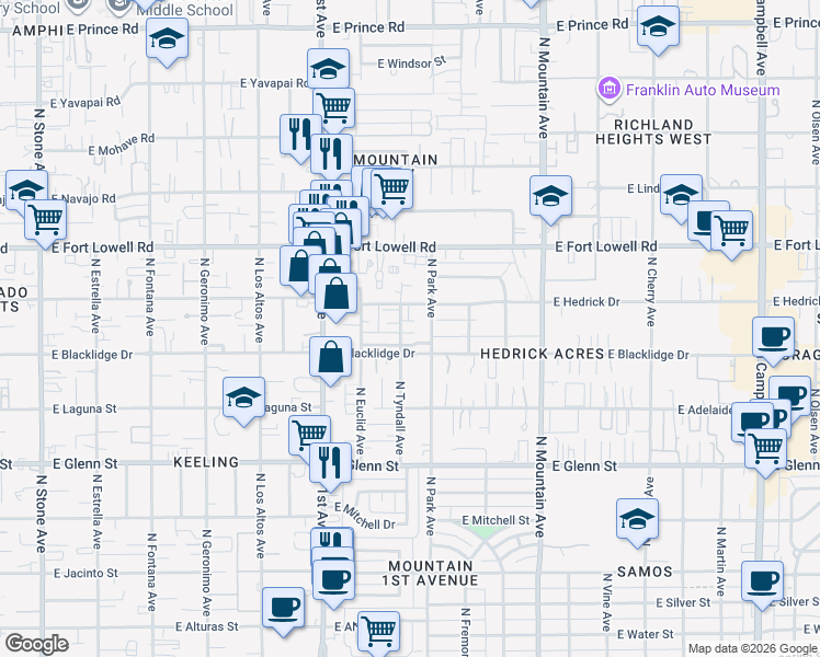map of restaurants, bars, coffee shops, grocery stores, and more near 891 East Millenium Court in Tucson