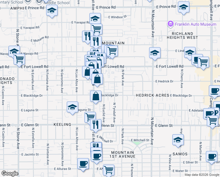 map of restaurants, bars, coffee shops, grocery stores, and more near 891 East Millenium Court in Tucson