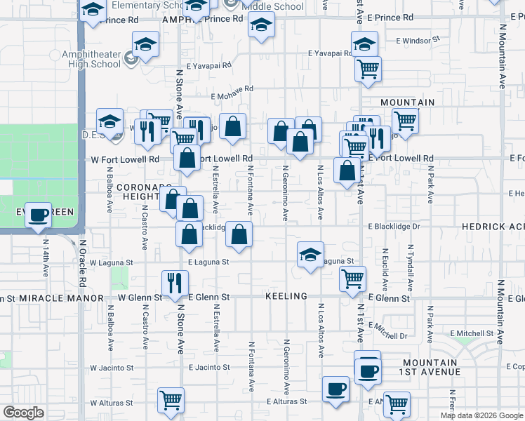 map of restaurants, bars, coffee shops, grocery stores, and more near 319 East Blacklidge Drive in Tucson