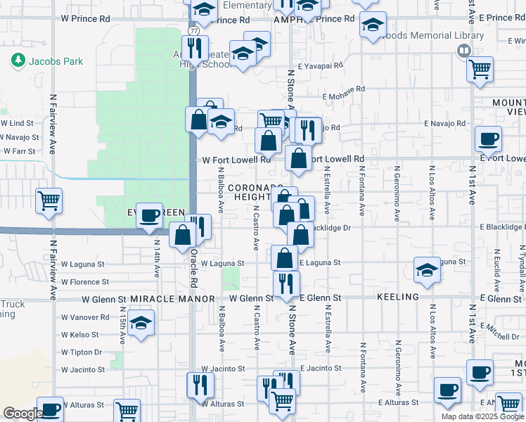 map of restaurants, bars, coffee shops, grocery stores, and more near 3015 North Castro Avenue in Tucson