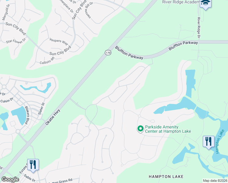 map of restaurants, bars, coffee shops, grocery stores, and more near 159 Station Parkway in Bluffton