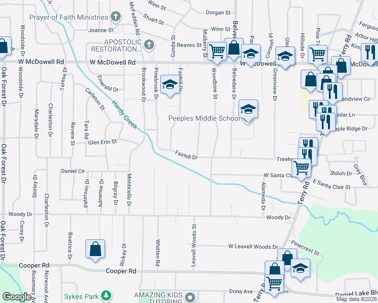 map of restaurants, bars, coffee shops, grocery stores, and more near 368 Fairhill Drive in Jackson