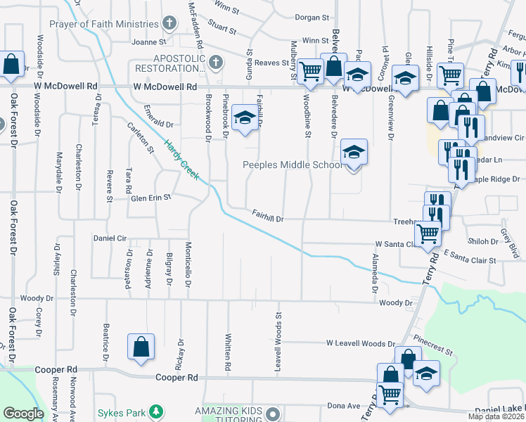 map of restaurants, bars, coffee shops, grocery stores, and more near 368 Fairhill Drive in Jackson