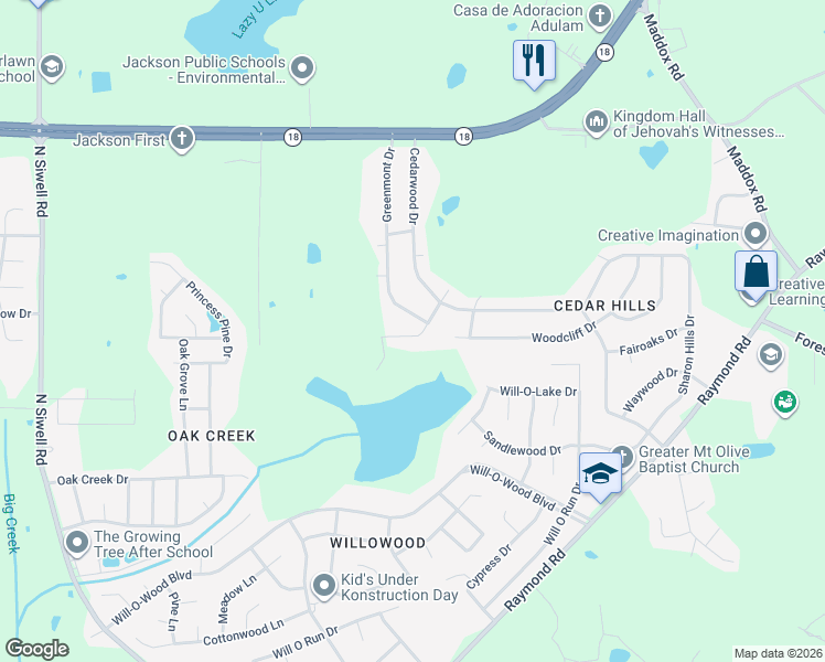 map of restaurants, bars, coffee shops, grocery stores, and more near 510 Winnwood in Jackson
