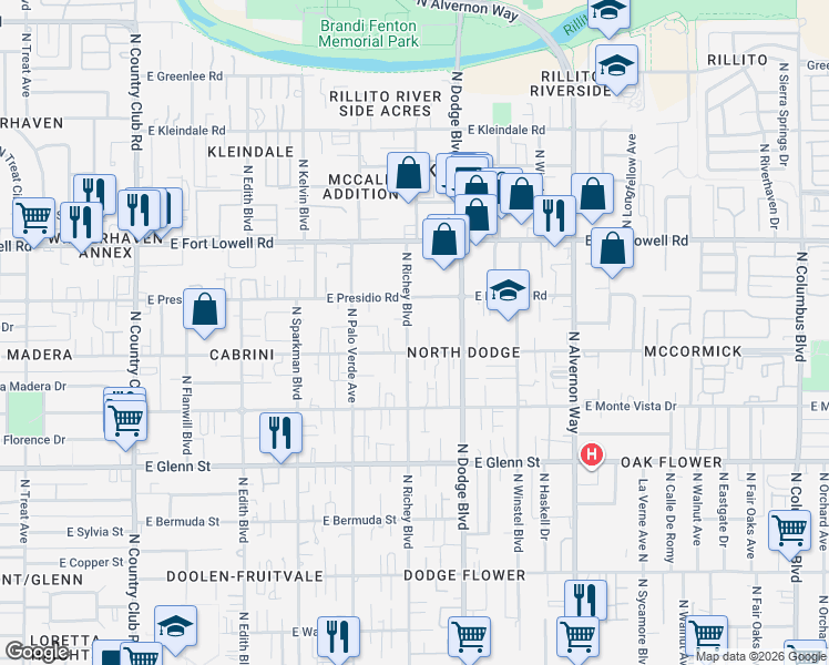 map of restaurants, bars, coffee shops, grocery stores, and more near 3014 North Richey Boulevard in Tucson