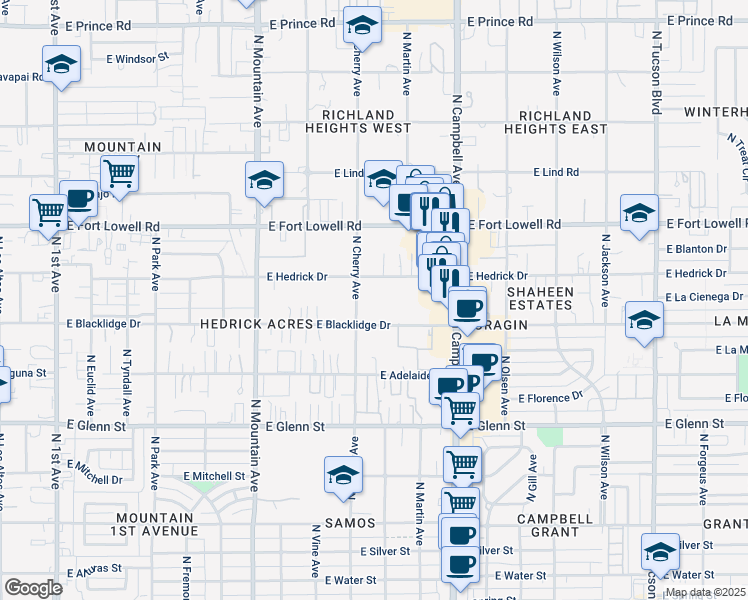map of restaurants, bars, coffee shops, grocery stores, and more near 3052 North Cherry Avenue in Tucson