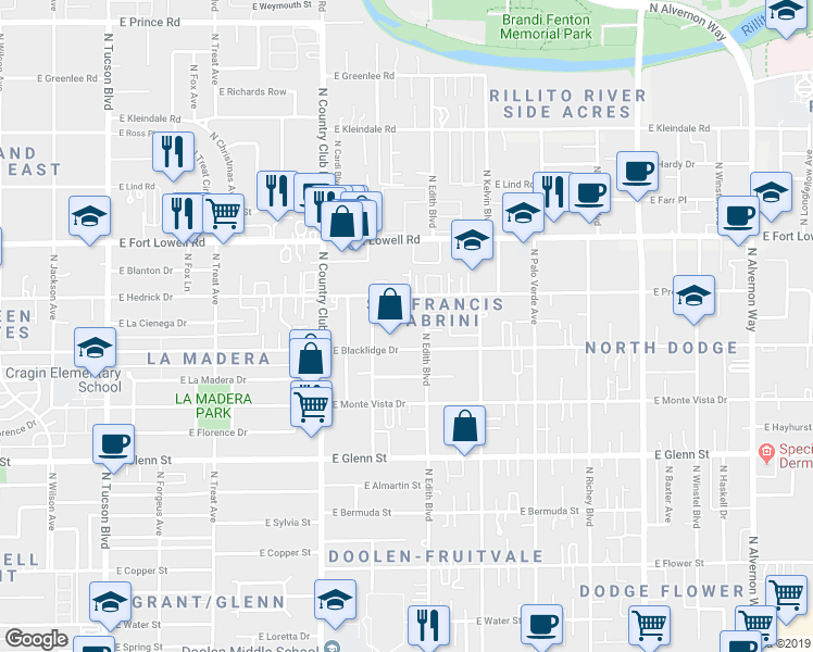 map of restaurants, bars, coffee shops, grocery stores, and more near 3241 East Blacklidge Drive in Tucson