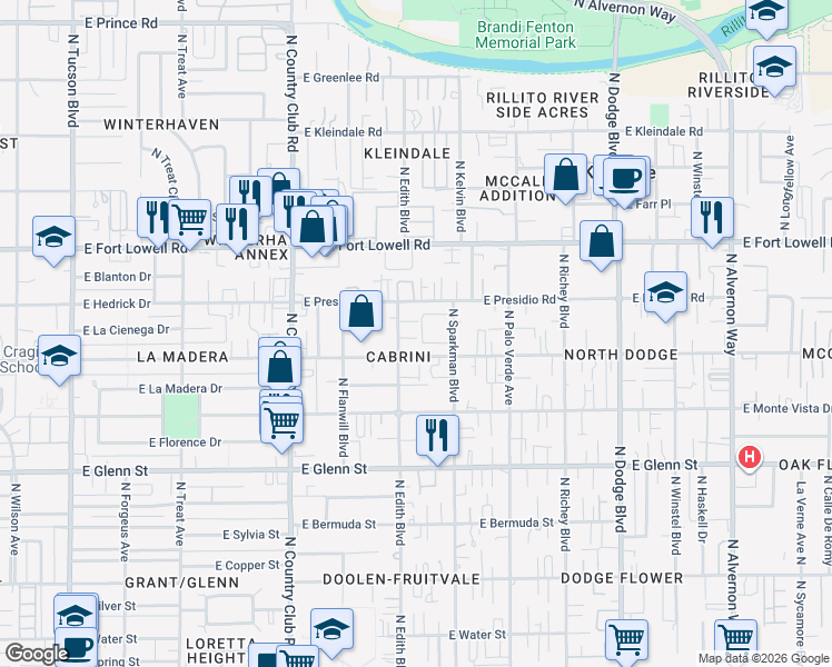 map of restaurants, bars, coffee shops, grocery stores, and more near in Tucson