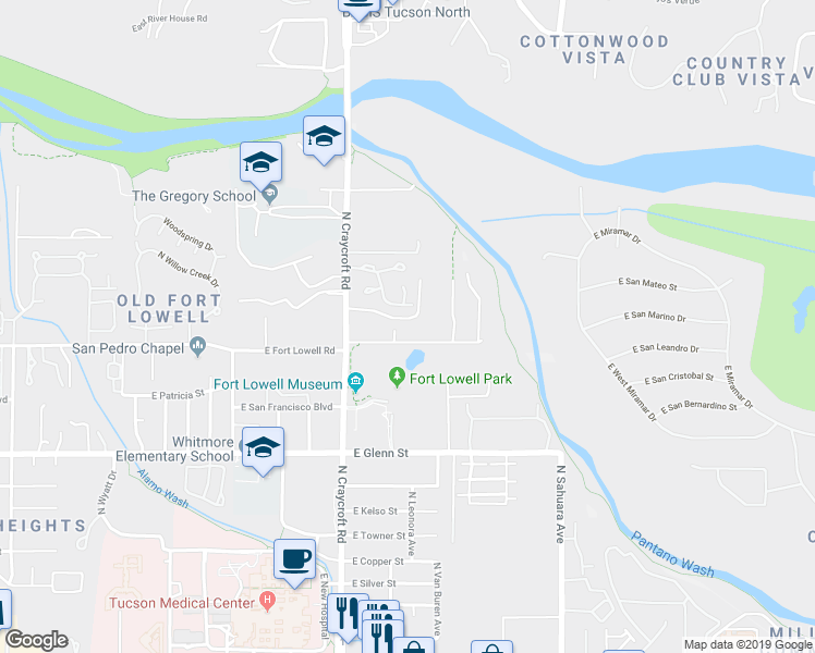 map of restaurants, bars, coffee shops, grocery stores, and more near 5631 East Fort Lowell Road in Tucson
