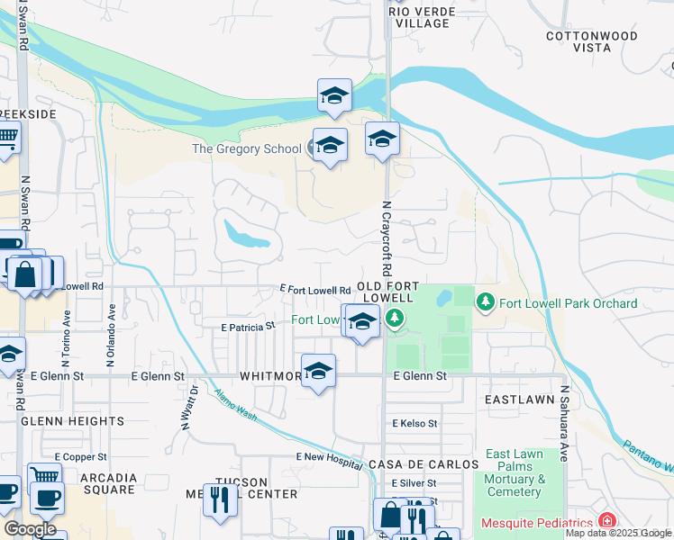 map of restaurants, bars, coffee shops, grocery stores, and more near 5429 East Fort Lowell Road in Tucson