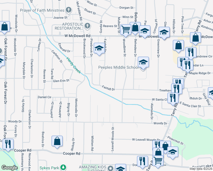 map of restaurants, bars, coffee shops, grocery stores, and more near 368 Fairhill Drive in Jackson