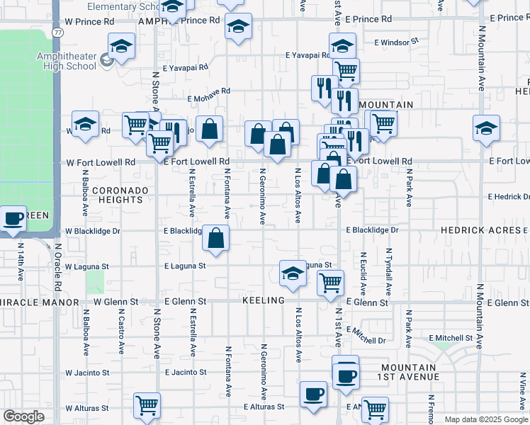 map of restaurants, bars, coffee shops, grocery stores, and more near 3026 North Geronimo Avenue in Tucson