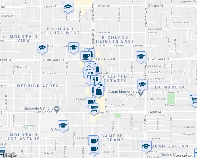 map of restaurants, bars, coffee shops, grocery stores, and more near 3032 North Campbell Avenue in Tucson