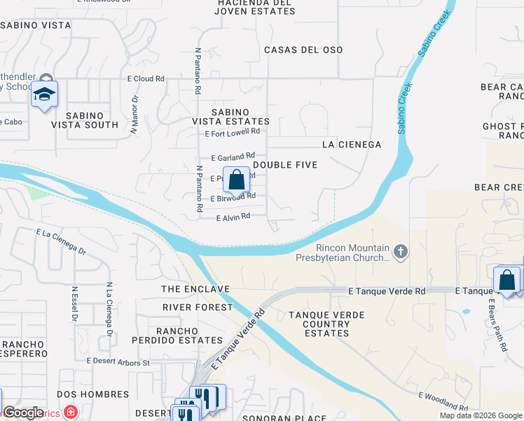 map of restaurants, bars, coffee shops, grocery stores, and more near 8041 East Alvin Road in Tucson