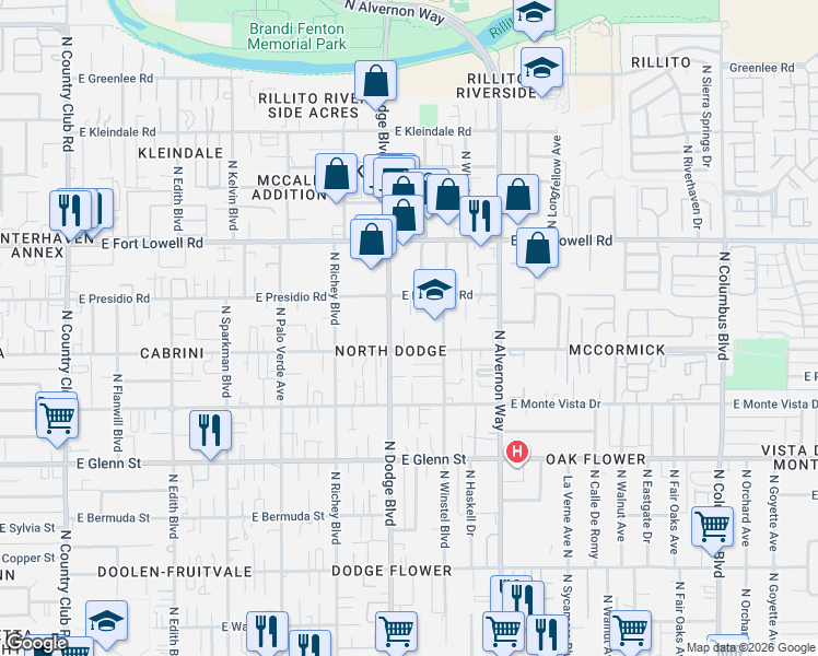 map of restaurants, bars, coffee shops, grocery stores, and more near 3729 East Blacklidge Drive in Tucson