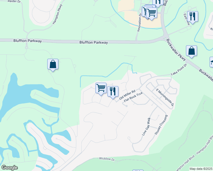 map of restaurants, bars, coffee shops, grocery stores, and more near 35 Broadland Circle in Bluffton