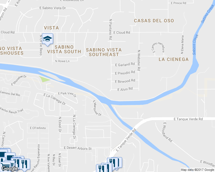 map of restaurants, bars, coffee shops, grocery stores, and more near 3033 North Pantano Road in Tucson