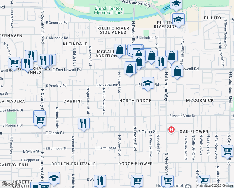 map of restaurants, bars, coffee shops, grocery stores, and more near 3014 North Richey Boulevard in Tucson