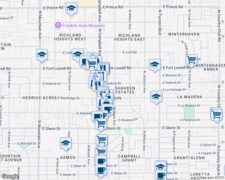 map of restaurants, bars, coffee shops, grocery stores, and more near 3028 North Olsen Avenue in Tucson